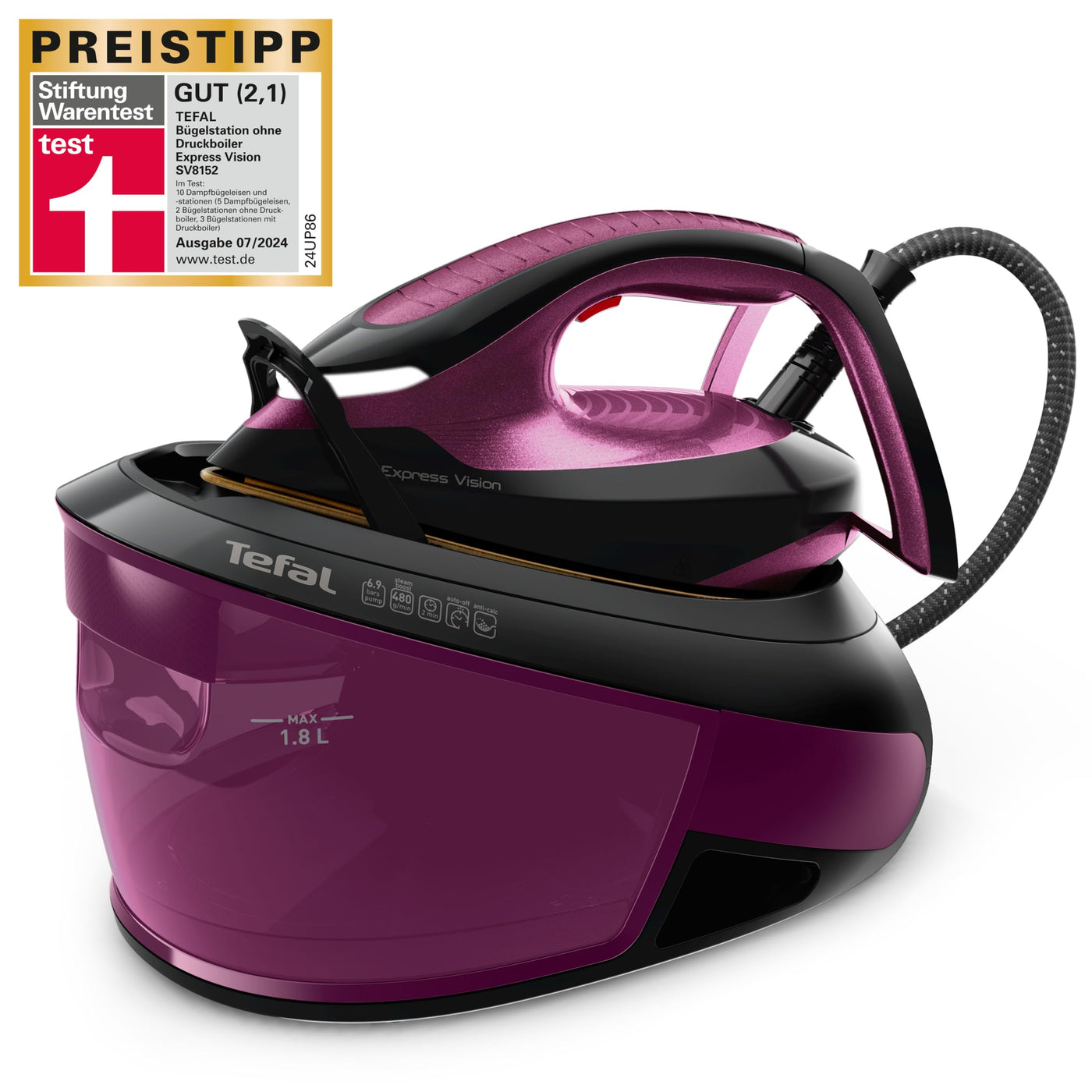 Tefal SV8152 EXPRESS VISION, LED Beleuchtung, leistungsstarker 6,9-Bar-Druck, Dampfstoß: 480g/Min., Smart Temp-Technologie, abnehmbarer Kalk-Kollektor, Eco-Modus, 1,8 L Wassertank, Lila