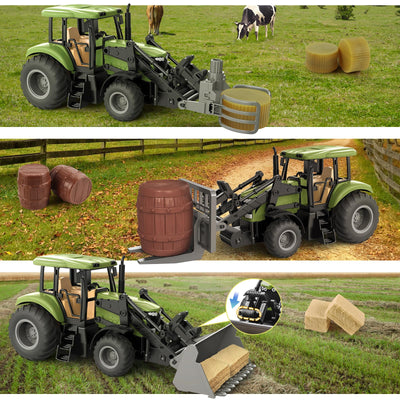 JONRRYIN Ferngesteuerter Traktor, 16 Stück Traktor mit Anhänger, 2.4 GHz Fernbedienung & App 2X Wiederaufladbare Batterien, 3X Fahrzeugfront, Kuh, Heuhaufen Bauernhof Spielzeug ab 4 5 6 7 8 9 Jahre