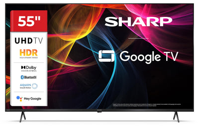 SHARP 55HL4365E – Google TV, 55" UHD, Rahmenlos, 60 Hz, HDR10, Dolby Vision HDR, Google Assistant mit Mikrofon, Chromecast, Bluetooth, Dolby Atmos 2x12 W, HDMI 2.1 x4, USBx2, Farbe Schwarz