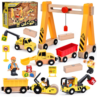 Herenear Baufahrzeuge Kinder Holzspielzeug, Baustelle Kinder, Holz Konstruktions Fahrzeuge Geschenk, Baukästen aus Holz mit Portalkran, Kranwagen, Straßenwalze, Kran, Bagger Spielzeug