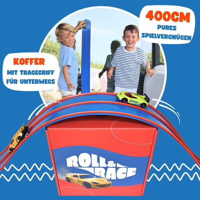 Roll&Race Flexible Spielzeugautorennbahn 400 cm - Made in EU - Aufrollbare Rennstrecke - Spielzeugauto-Rennstrecke - Rennbahn - Geschenk für Kinder - Gummistrecke Kinder - Flexible Car Track