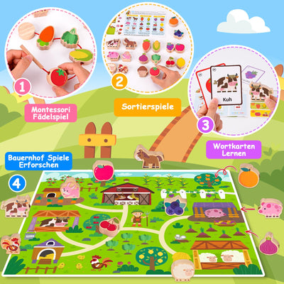 Montessori Spielzeug ab 2 1 3 Jahre: Geschenk Mädchen 1-3 Jahre Junge Fädelspiel Bauernhof Motorikspielzeug für Kinderspielzeug ab 2-3 Jahr Mädchen Holzspielzeug Lernkarten für Kleinkinder ab 2 Jahren