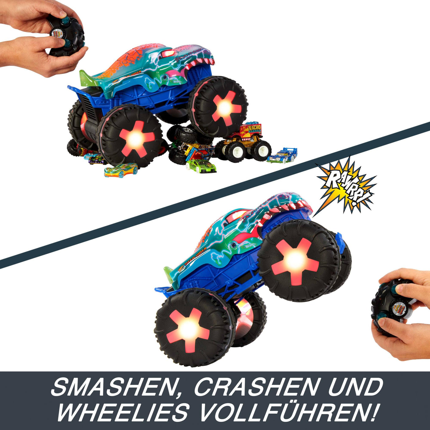 Hot Wheels Monster Trucks Ferngesteuertes Auto, Spielzeugtruck, übergroßer Mega-Wrex Alive im Maßstab 1:15 mit Fernbedienung, 3 ferngesteuerte Spielmodi mit interaktiven Lichtern und Geräuschen, JBD90