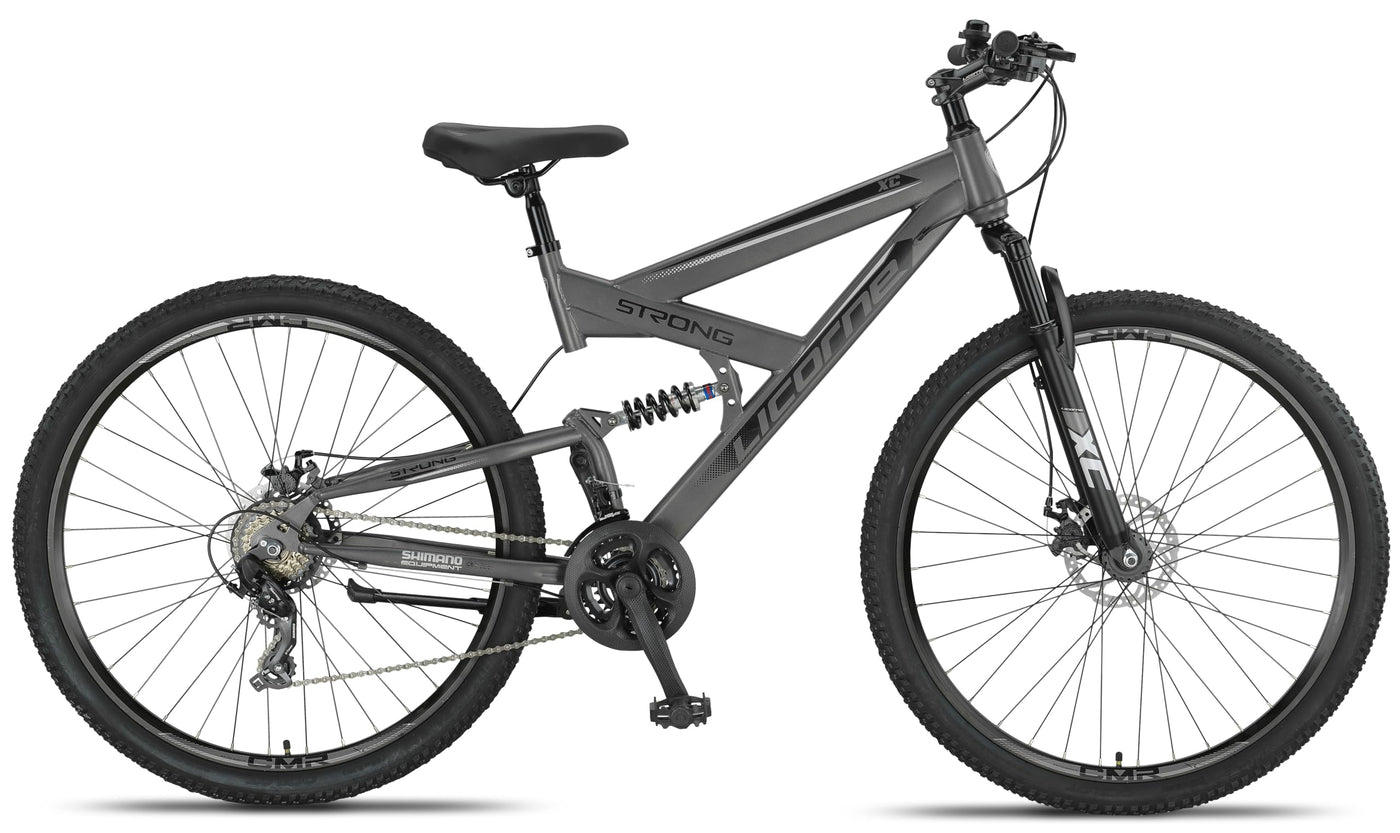 Licorne Bike Strong 2D Premium Mountainbike in 26, 27.5 und 29 Zoll Fahrrad für Jungen Mädchen Damen und Herren Scheibenbremse vorne und hinten 21 Gang Schaltung Vollfederung (29 Zoll, Anthrazit)