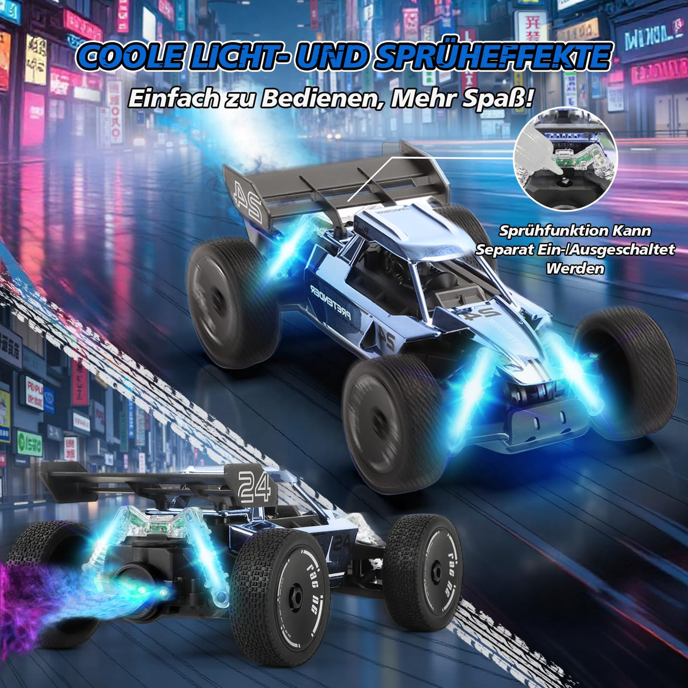 BuzzoXerex 1:18 Ferngesteuertes Auto, 2.4GHz RC Offroad Auto, 2WD 15KM/H RC Buggy mit Sprühfunktion LED-Leuchten, 60 Min Spielzeit, Spielzeugauto Geschenk für Kinder ab 6 7 8 Jahre (Blau)