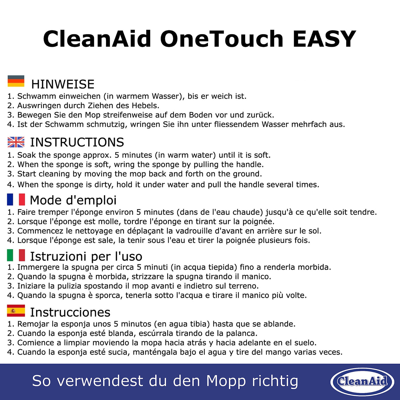 CleanAid OneTouch Easy Wischmopp, Bodenwischer, Wischer - besonders saugstark - PVA Schwamm und Teleskopstiel - Wischmopp mit Auswringfunktion, Tierhaarentferner, Schwamm, Bodenreinigung