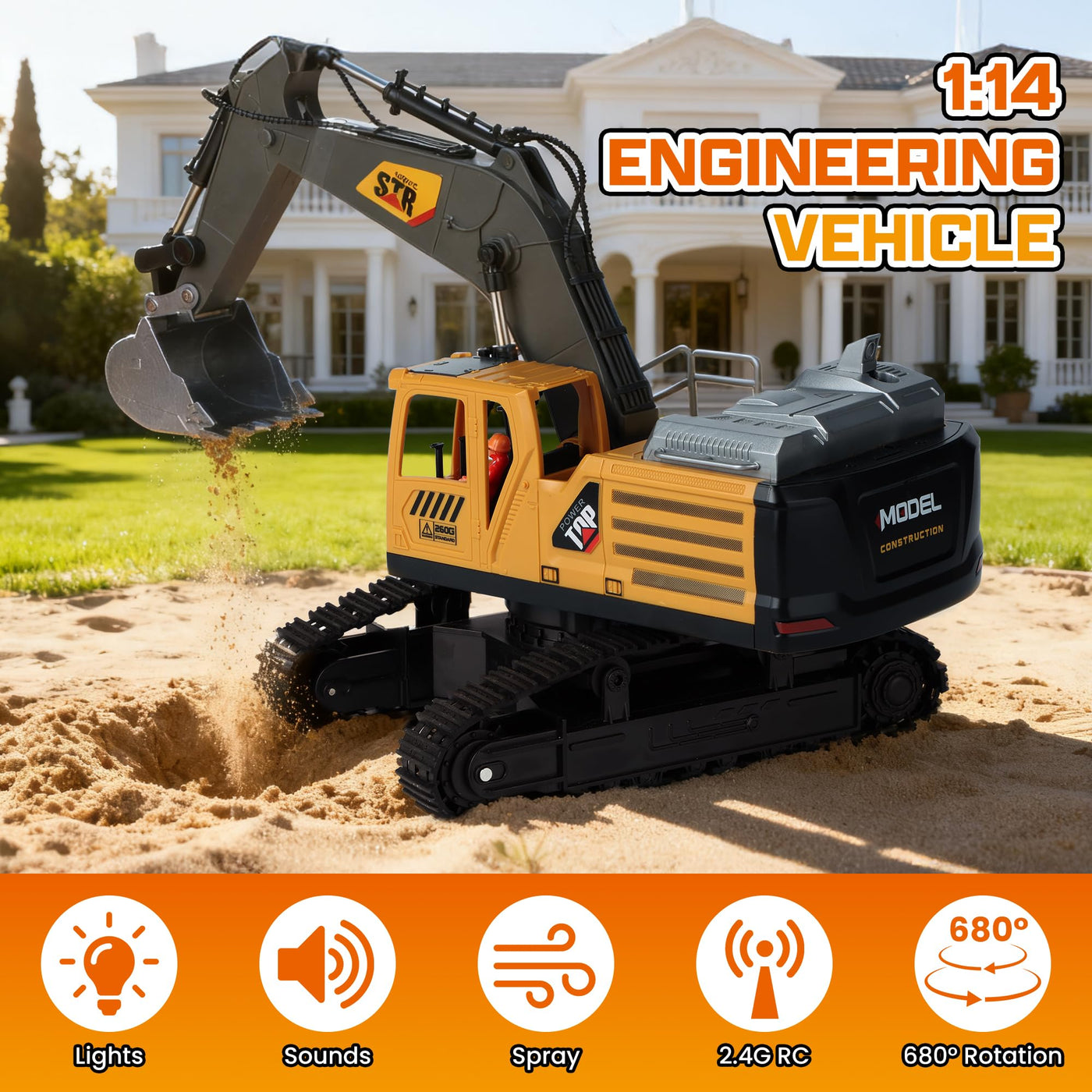 QiquBox RC Ferngesteuerter Bagger Spielzeug für ab 3 4 5 6 7 8 9 Jahren Junge - Bagger Spielzeugautos Metall Schaufel mit Spray Licht Ton, 680° Drehung Ferngesteuertes Auto für Jungen Geschenk Kinder