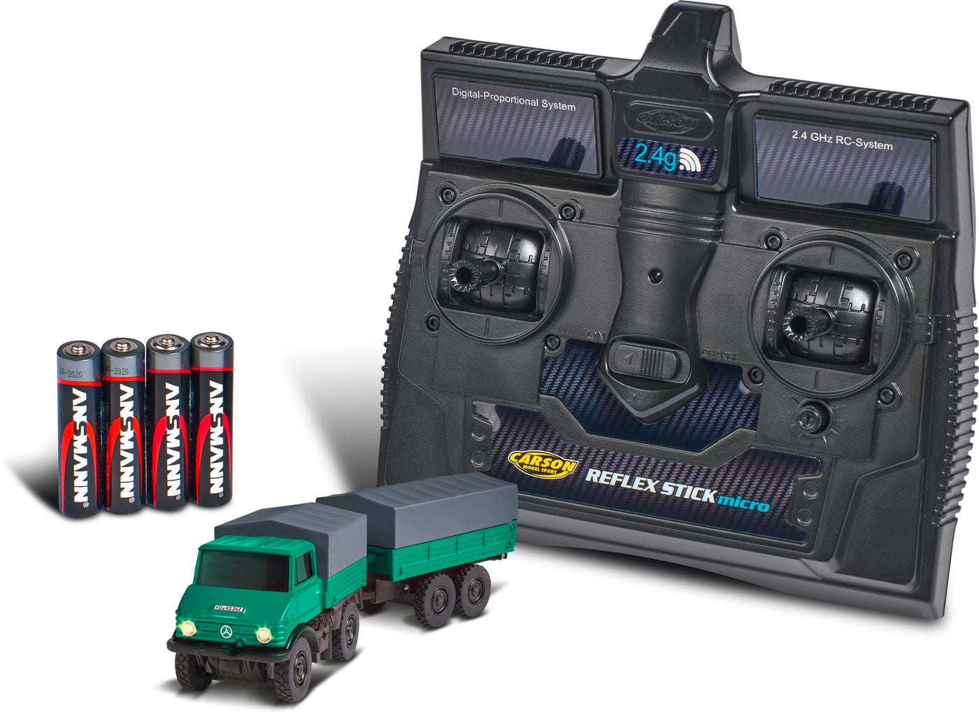 Carson 500504165 1:87 MB Unimog Forst mit Hänger 2.4GHz 100% RTR - Fahrfertiges Modell, RC Auto, H0 Auto,RC Modell,Diorama Fahrzeug