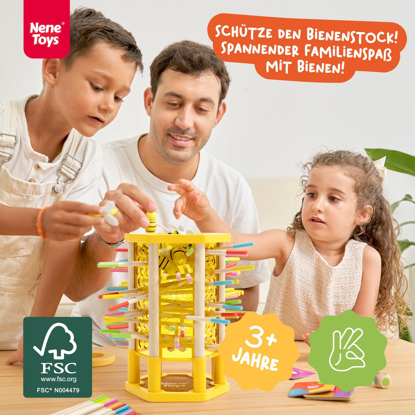 Nene Toys BEEFALL Groß, 4-in-1 Lernspiel mit Bienen, Montessori Spielzeug ab 3 Jahren mit bunten Stäben, Würfeln & Karten - Holzspiel für Jungen & Mädchen 3-9 Jahre - Pädagogisches Familienspiel