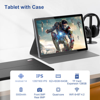 Tibuta Tablet 10 Zoll Android 14 5000mAh Quad-Core 6(2+4) GB RAM+64GB Tablet PC mit WiFi 6 2.4G/5G Bluetooth 5.0 1280 * 800 FHD Dual Kamera mit Hülle und Schutzfolie 2025 (Grau)