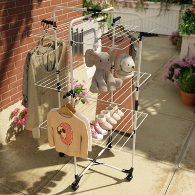 SYKIARIOL Wäscheständer, 3-stufiger zusammenklappbarer Wäscheständer mit Rädern und 4 Haken, für den Innen- und Außenbereich, für Bettwäsche, Kleidung, Socken, Schals Weiß