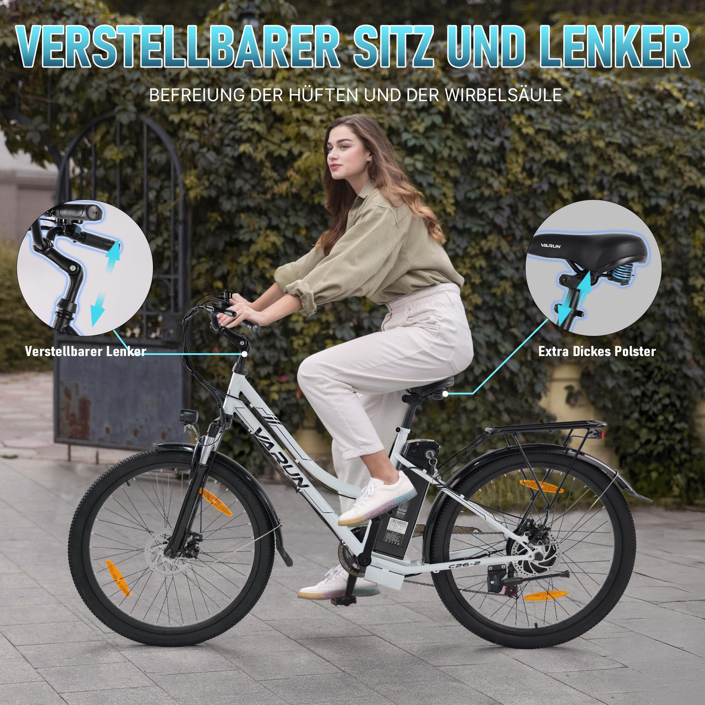 VARUN E-Bike, 26" Elektrofahrrad Damen Herren, Trekking Pedelec mit 48V Lithium Akku, 250W 55NM Motor, E-Fahrrad mit 5 Modi, 7-Gang, LCD-Display, Cruise Citybike Electric Bike bis zu 80KM