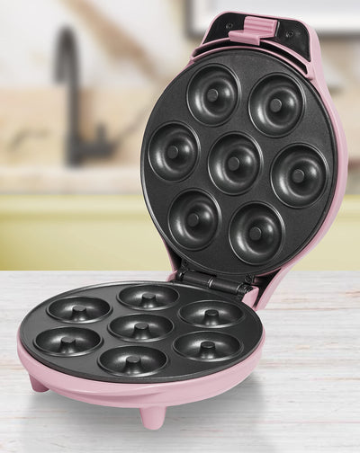Bestron Donut Maker im Retro Design, Mini-Donut Maker für 7 kleine Donuts, inkl. Backampel & Antihaftbeschichtung, 700 Watt, Farbe: Rosa