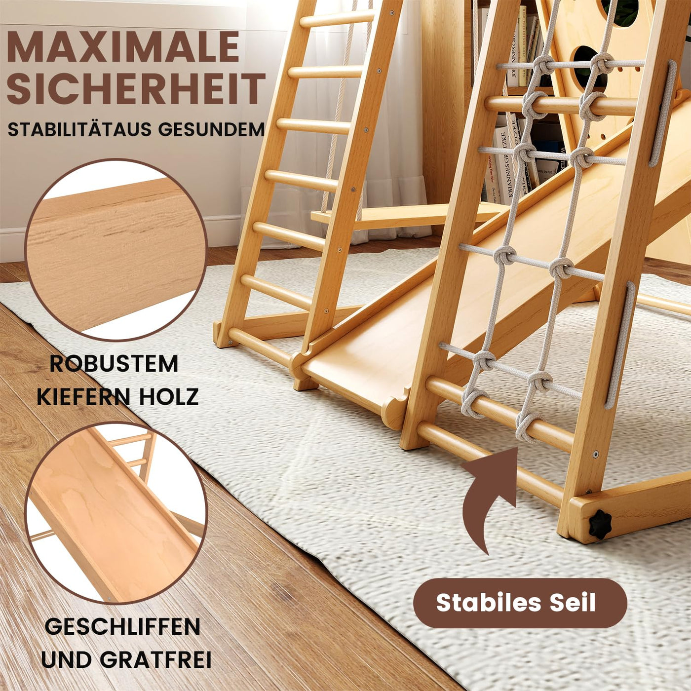 Freelawn Klettergerüst Indoor Montessori 9-in-1 Holz Spielplatz - Kletternetz, Rutsche, Sprossenwand für Kinder 1-6 Jahre (Natur)