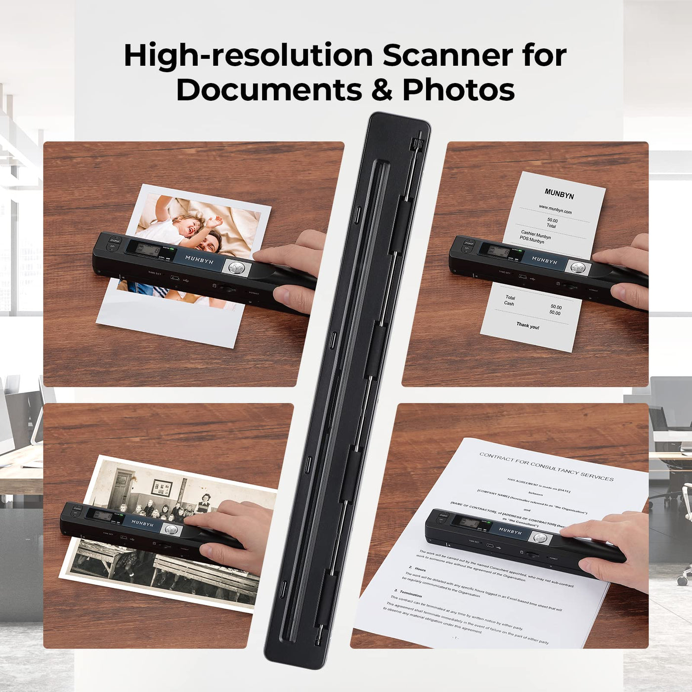 [Handscanner ] Auflösung s/w und Farbe MUNBYN Dokumentenscanner/Scanner Mobil / 900DPI Wireless Tragbarer A4 Scanner mit Karte JPG und PDF Format -16G Micro SD- Schwarz