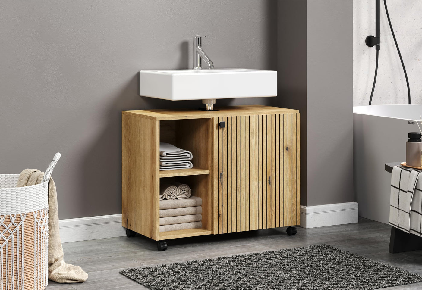 trendteam smart living - Waschbeckenunterschrank Unterschrank auf Rollen - Badezimmer - PureBliss - Aufbaumaß (BxHxT) 80 x 64 x 42 cm - Farbe Evoke Eiche mit schwarzen Rillen - 233730142