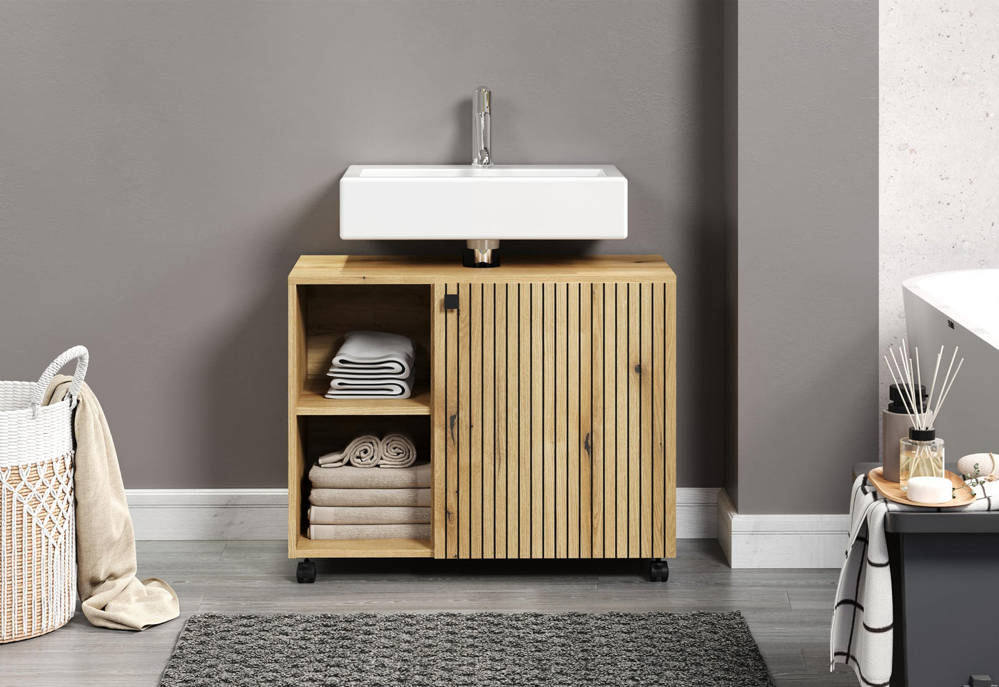 trendteam smart living - Waschbeckenunterschrank Unterschrank auf Rollen - Badezimmer - PureBliss - Aufbaumaß (BxHxT) 80 x 64 x 42 cm - Farbe Evoke Eiche mit schwarzen Rillen - 233730142