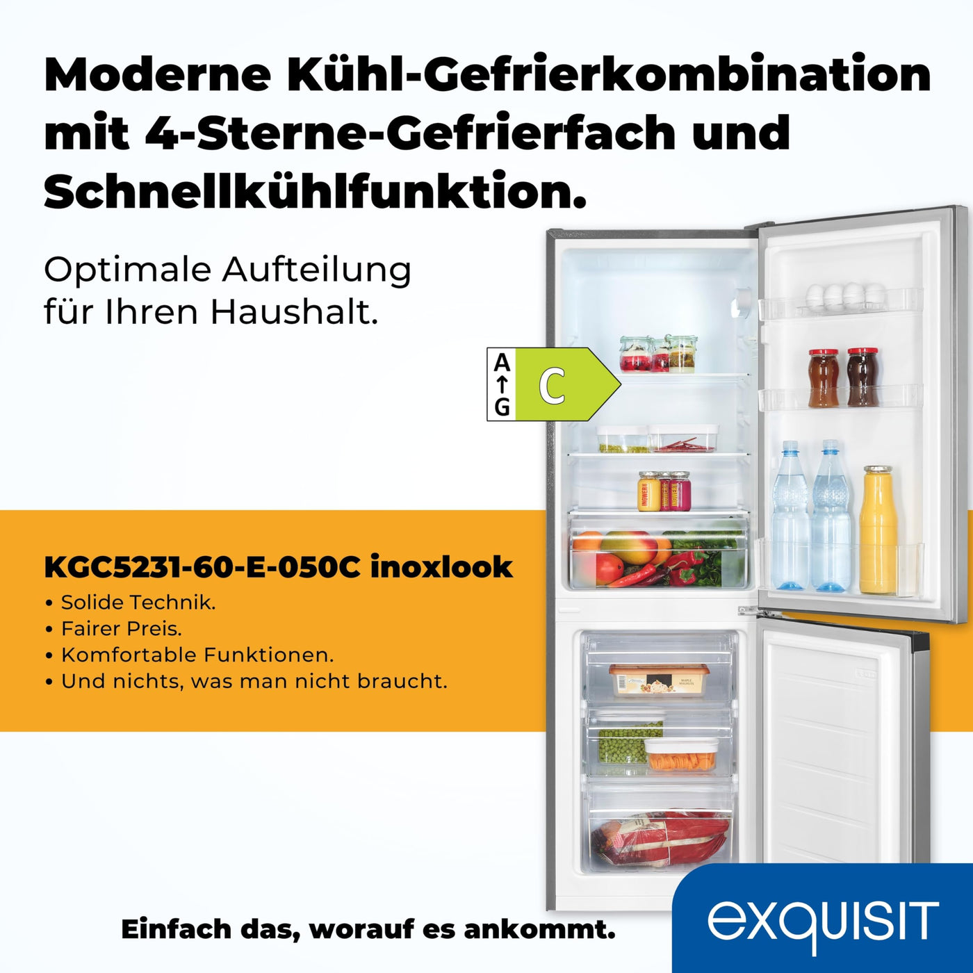 Exquisit Kühl-Gefrierkombination, Kühlschrank mit Gefrierfach, 4-Sterne-Gefrieren, 157 Liter, Alarm-Funktion, Schnellkühlen, KGC5231-60-E-050C inoxlook