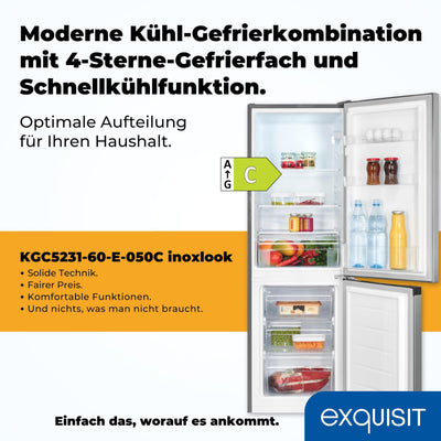 Exquisit Kühl-Gefrierkombination, Kühlschrank mit Gefrierfach, 4-Sterne-Gefrieren, 157 Liter, Alarm-Funktion, Schnellkühlen, KGC5231-60-E-050C inoxlook