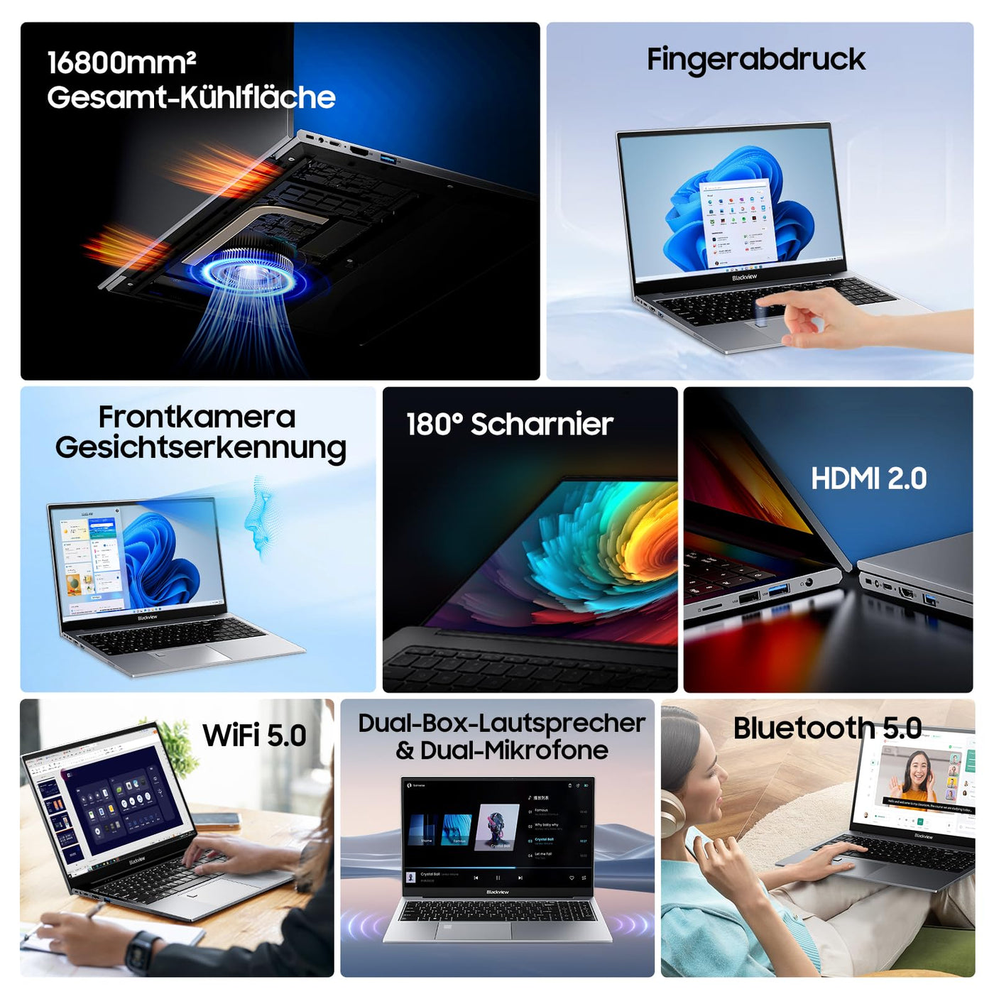 Blackview Laptop 15,6" FHD+ Notebook, 16GB DDR4 512GB SSD + TF, 3.6GHz Processor N97/UHD Graphics, Windows 11, 38Wh, QWERTY, HDMI 2.0, Bluetooth, USB 3.0, Fingerabdruck. FaceID, WLAN 5G