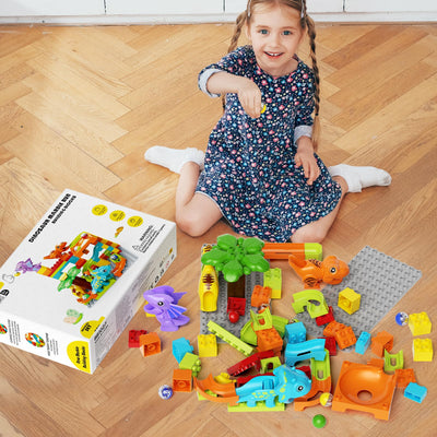 burgkidz Murmelbahn Bauklötze Dinosaurier Set, 78-teiliges Interaktive Kugelbahnen Labyrinth Spiel Kompatibel Konstruktionsspielzeug, STEM Pädagogisches Geschenk für Kinder Alter von 3+ Jahren