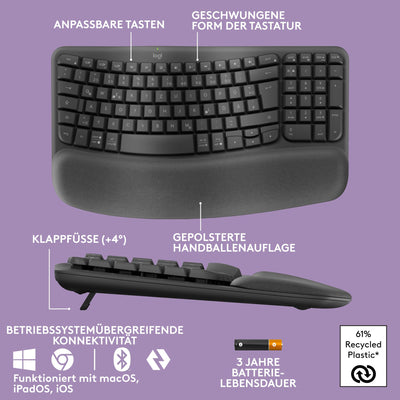 Logitech Wave Keys und Lift vertikale Maus – Ergonomisches Bundle – kabellose Tastatur mit gepolsterter Handballenauflage und vertikale kabellose Maus – Bluetooth, Multi-OS, Windows/Mac - Graphit