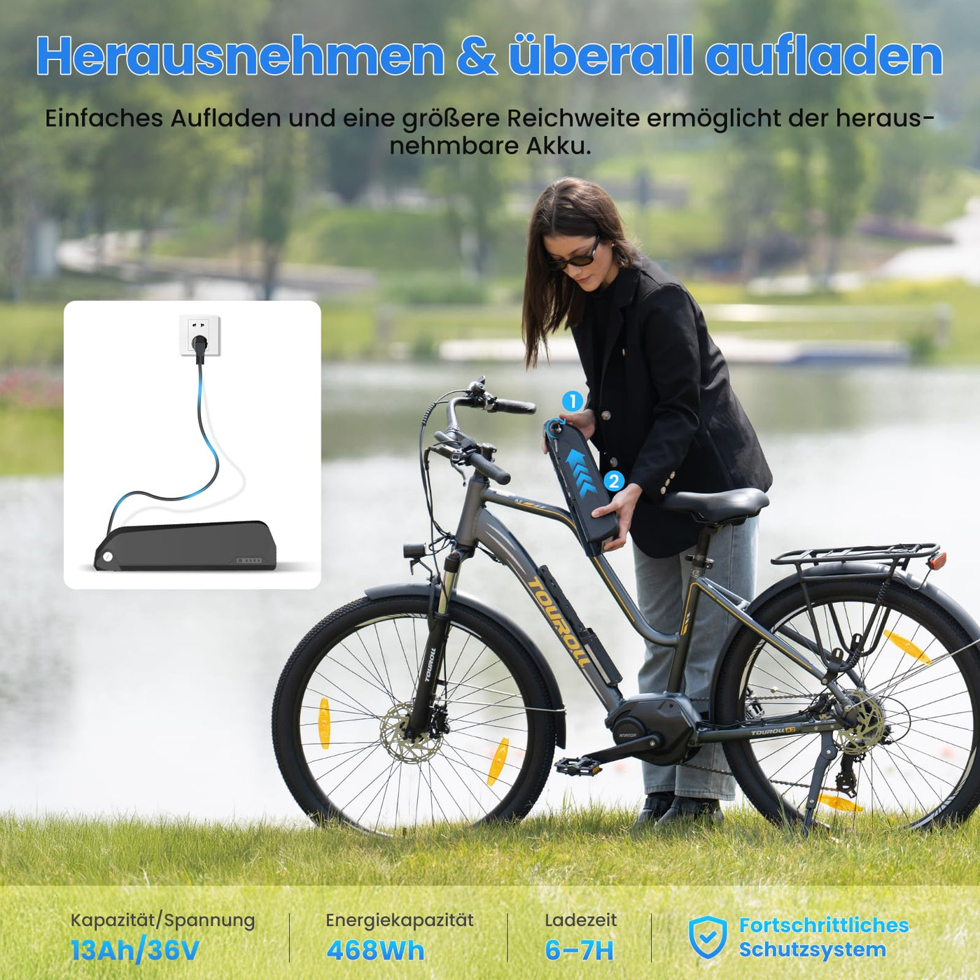 Touroll MA2 27.5'' E-Bike für Erwachsene, Cityräder Elektrofahrrad mit 250W 70N.M Mittelmotor Motor und 36V 468Wh Akku, Reichweite 100km, Hydraulische Scheibenbremse Ebikes für Herren Damen (Grau)