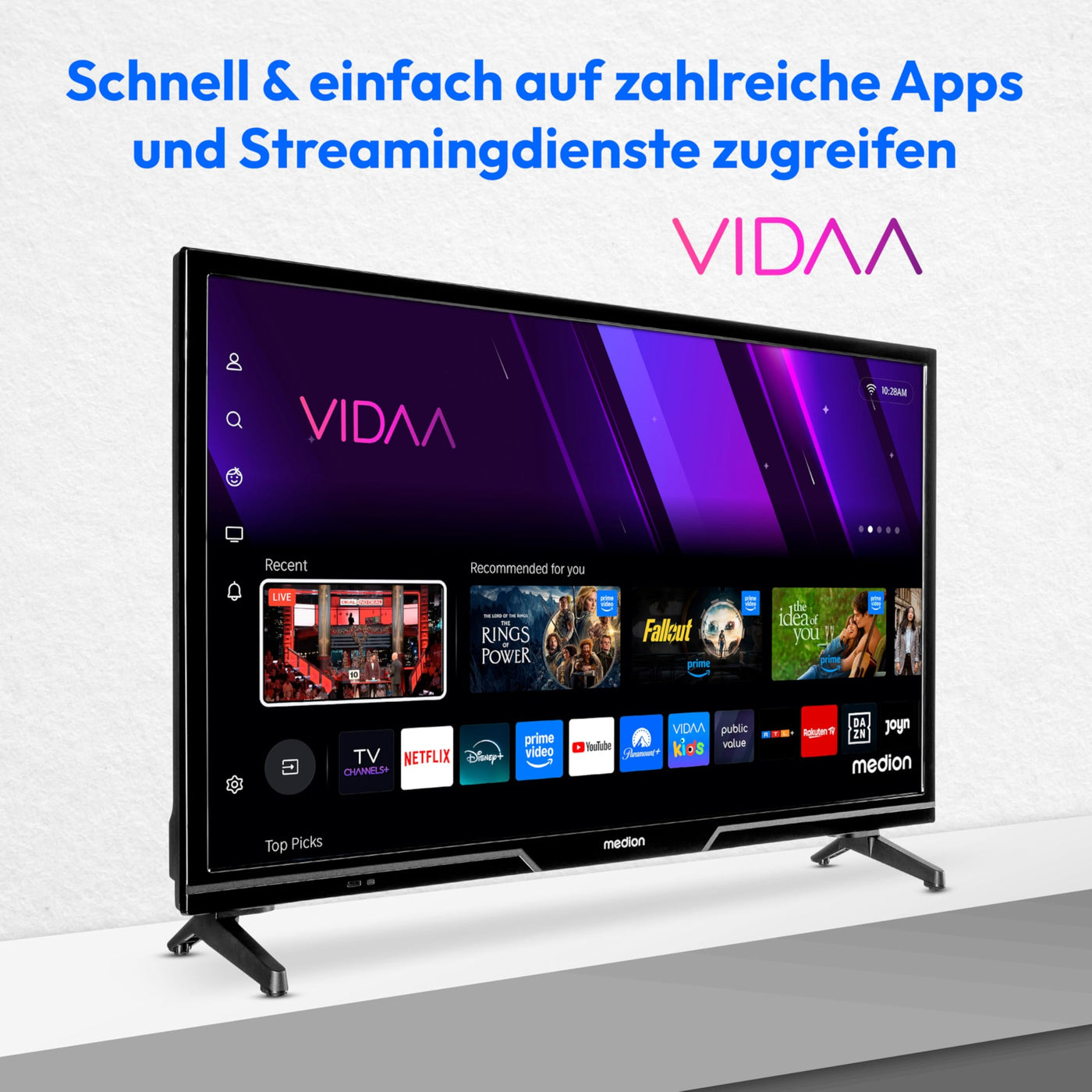 MEDION 59,8 cm (24 Zoll) HD Fernseher (Smart-TV, HDR, VIDAA Store, Netflix, Prime Video, Disney+, DAZN, Paramount+, HbbTV, PVR, Bluetooth, MD 824101)