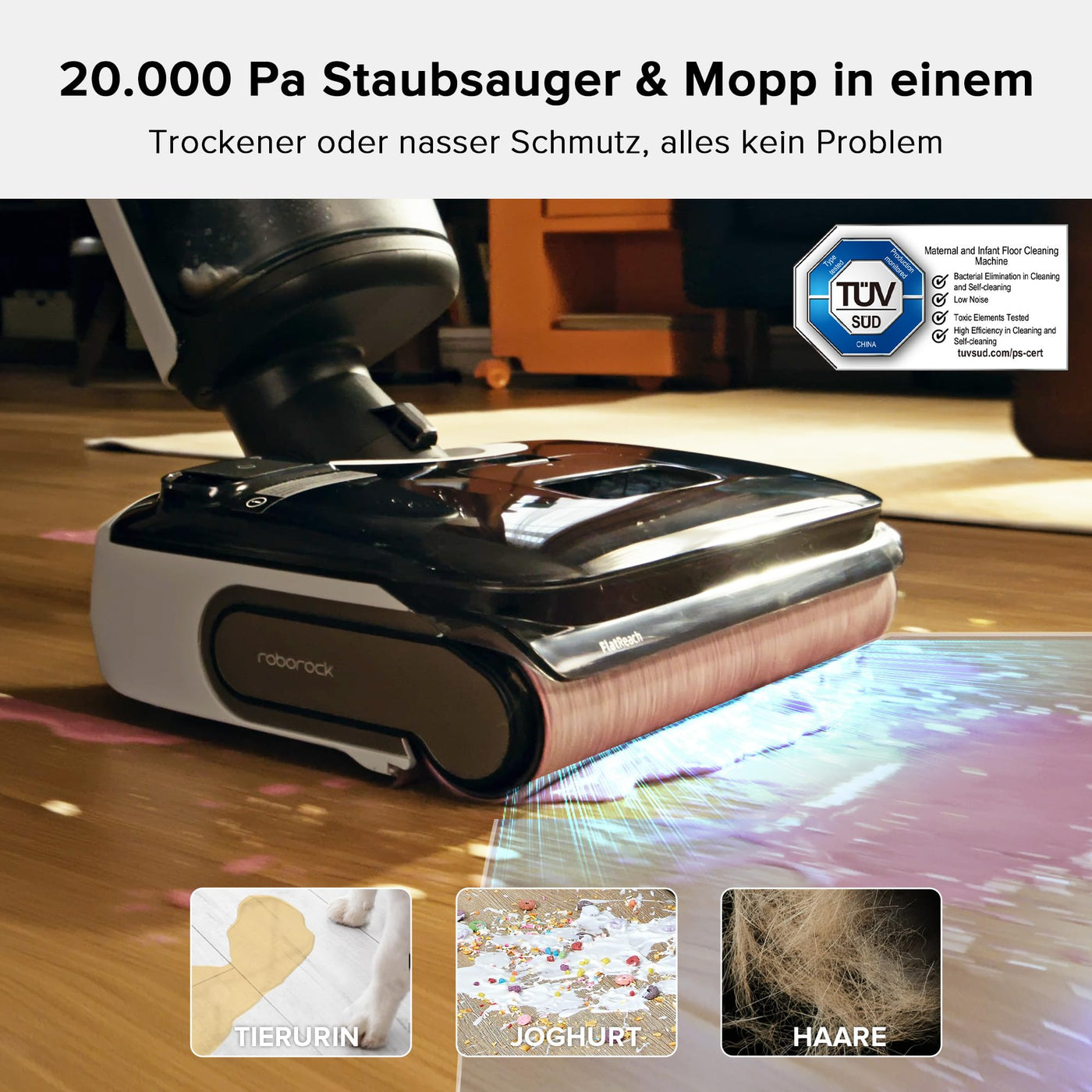 Roborock F25 Nass-Trocken-Staubsauger, kabelloser Staubsauger und Mopp in einem mit 20.000 Pa, 90°C Heißluft-Schnelltrocknen & Heißwasser-Selbstreinigung, kein Verheddern, 180° flach absenkbar