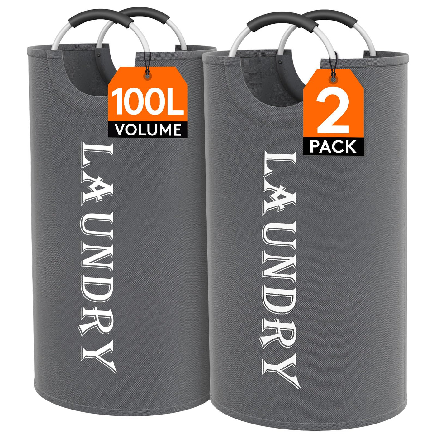 Lifewit 2 Set Faltbarer Wäschekorb 100L, Tragbarer Wäschesammler mit Aluminiumgriff Oxford Stoff Wäschesack Aufbewahrung für Kleidung/Badetuch/Bettbezug Schlafzimmer Badezimmer Waschraum, Grau