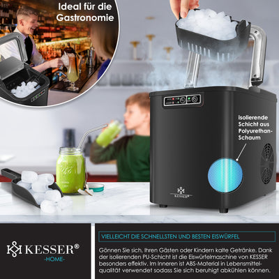 KESSER® Eiswürfelbereiter | Eiswürfelmaschine Edelstahl | Ice Maker | 12 kg 24 h | Zubereitung in 7 min | 2,2 Liter Wassertank | 2 Eiswürfel-Größen | LED-Display | Selbstreinigungsfunktion | Schwarz