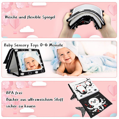 Baby Spiegel Spielzeug - Baby Spielzeug 0-6 Monate Faltbarer Schwarz Weiß Kontrast Babybuch Spiegel Spielzeug Baby Spielzeug ab 3 Monate Neugeborenes Lernspielzeug Spielzeug Geschenk (Black)