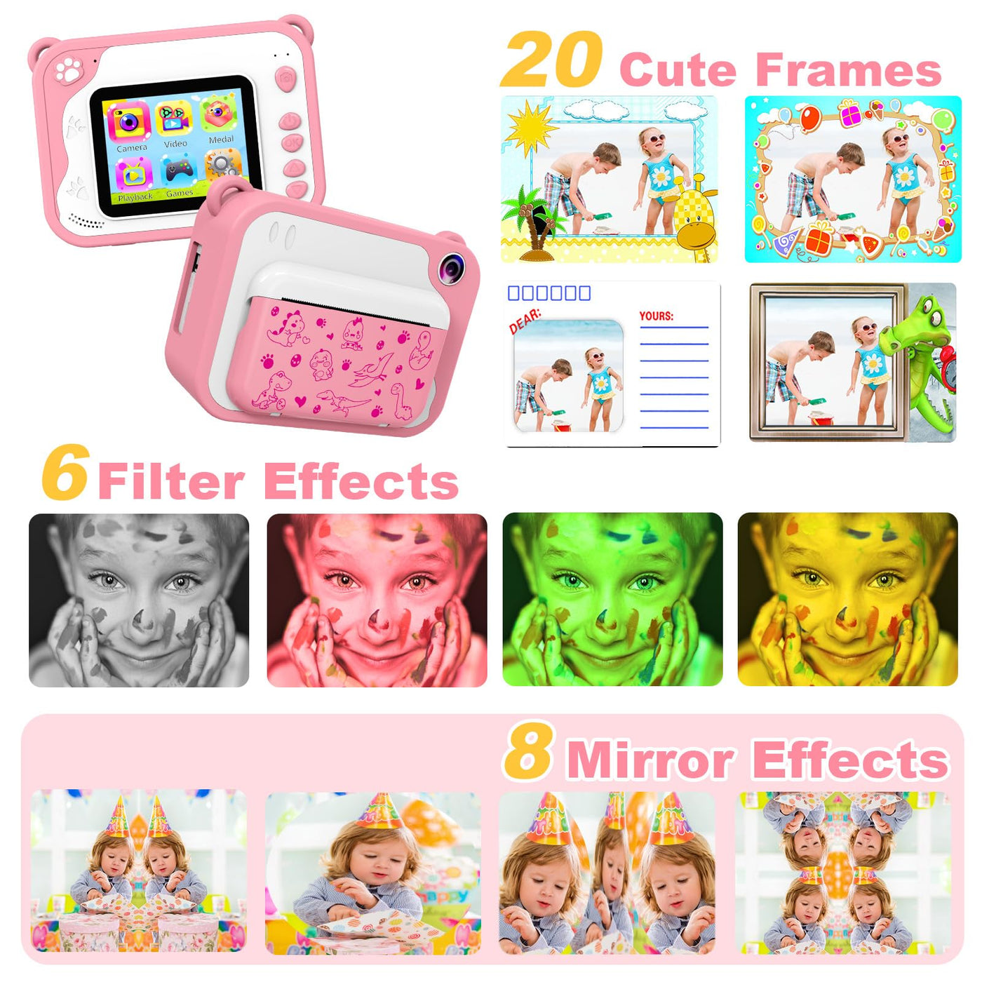 KinderKamera,DigitalKamera Sofortbildkamera Print 1080P 2.4 Zoll Bildschirm Videokamera Schwarzweiß Fotokamera mit 32GB Karte 3 Rollen Druckpapier 5 Farben Pinselstift Geschenk für Kinder 3-12 Jahren