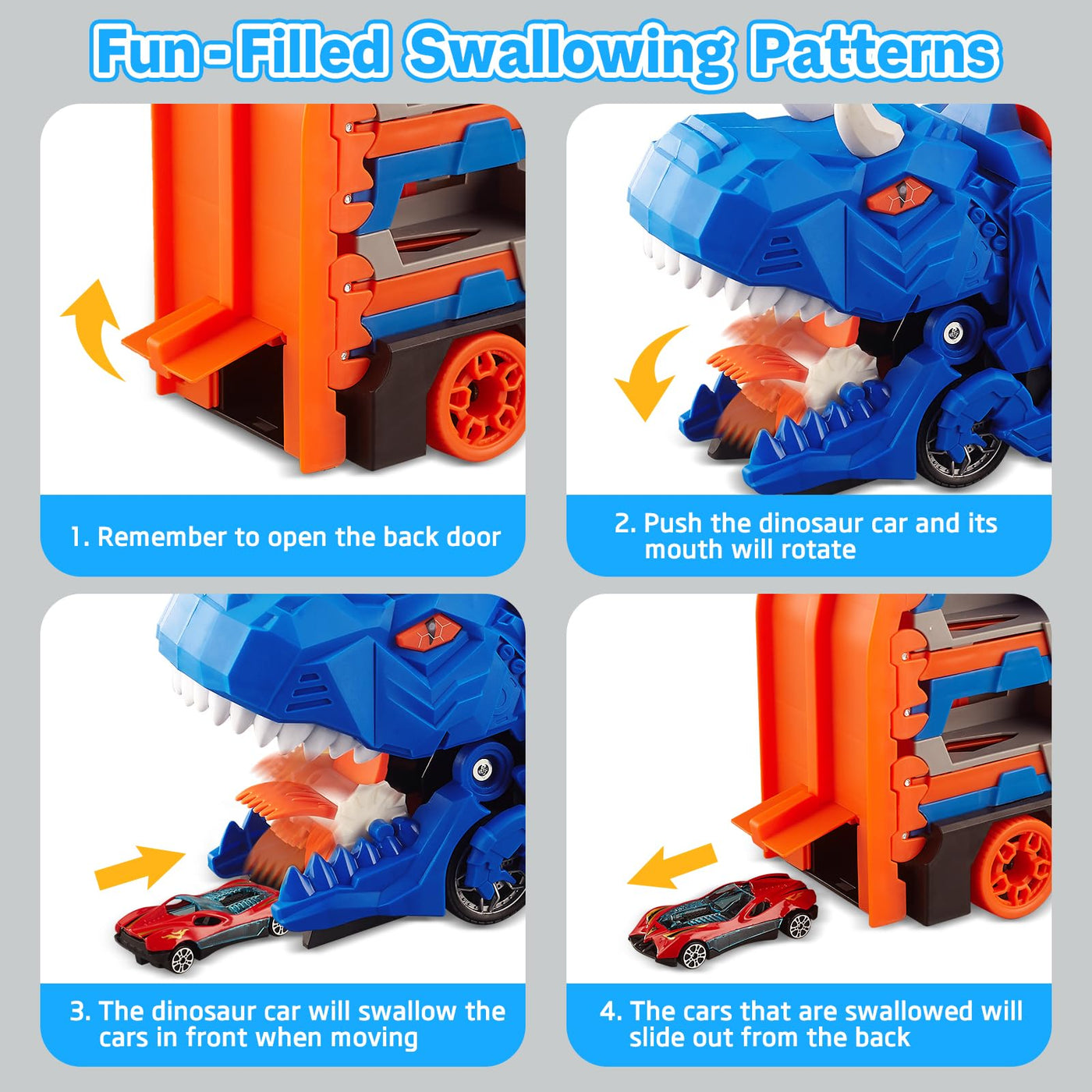 Dinosaurier Transport Truck Spielzeug ab 3 4 5 6 Jahre, 157cm Faltbare Autorennbahn Spielzeugauto mit 6 Rennautos, Tragbares Transporter Spielset Auto Spielzeug Geschenk für Jungen Kinder Mädchen