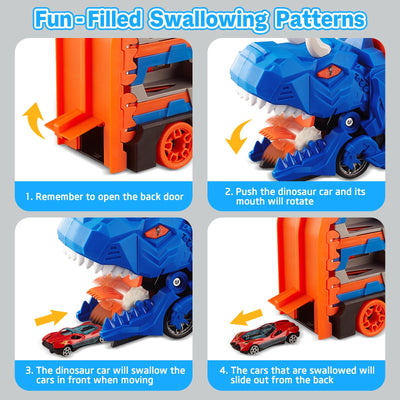 Dinosaurier Transport Truck Spielzeug ab 3 4 5 6 Jahre, 157cm Faltbare Autorennbahn Spielzeugauto mit 6 Rennautos, Tragbares Transporter Spielset Auto Spielzeug Geschenk für Jungen Kinder Mädchen