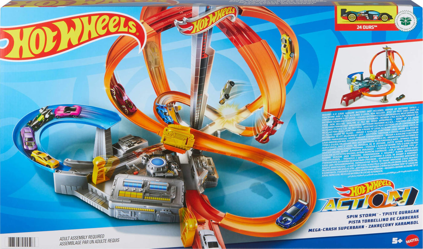 Hot Wheels Autorennbahn Mega Crash Superbahn, mit Looping Tracks und Kurven, inkl. 1 Spielzeugauto und 2 Starter, Auto Spielzeug, Spielzeug ab 6 Jahre, CDL45