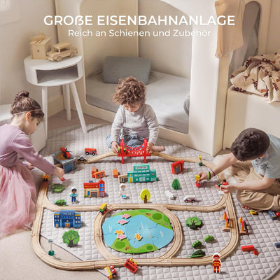 Tiny Land Eisenbahn-Set, 110-teiliges Holzeisenbahn-Set, Spielzeugeisenbahn für Jungen und Mädchen mit Holzeisenbahnschienen, Holzspielzeug für Kleinkinder und Kinder im Alter von 3–7 Jahren, Eisenbah