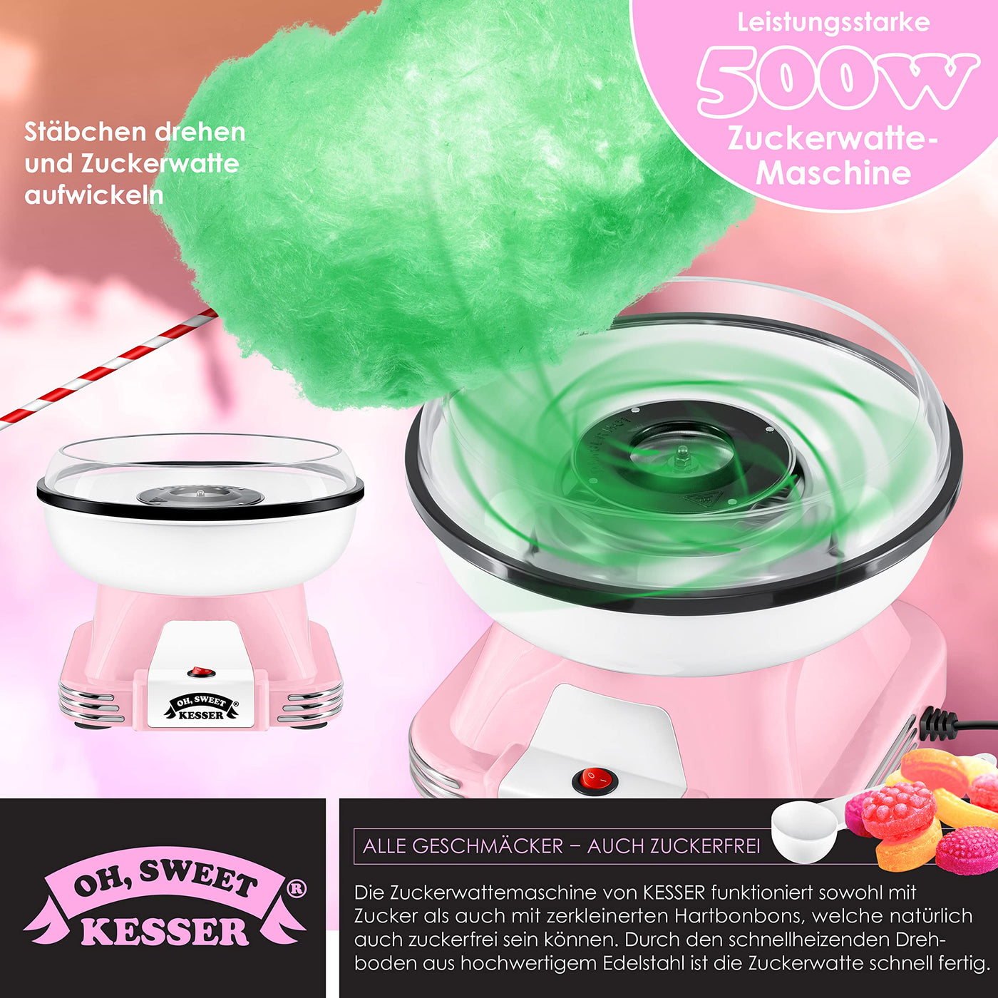 KESSER® Zuckerwattemaschine Set für Dein zuhause - Mit 30x Zuckerwatte Stäbchen & Messlöffel - Retro Cotton Candy Maschine - Zuckerwatte Maschine Mit Zubehör - Höhe 22 cm - 500 W Rosa Weiß
