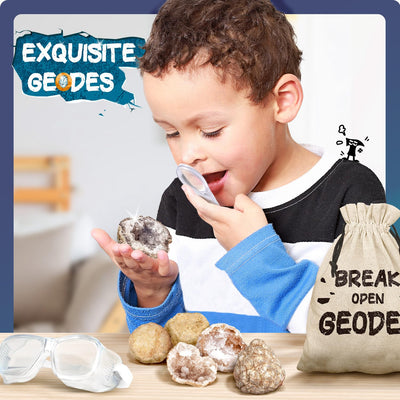 EDUMAN Geoden Zum Aufbrechen für Kinder, Natur Geoden Set in Groß und Klein, Inklusive Schutzbrille, Lupe, Aufbewahrungstasche, Geschenke für Jungen und Mädchen ab 8 Jahre