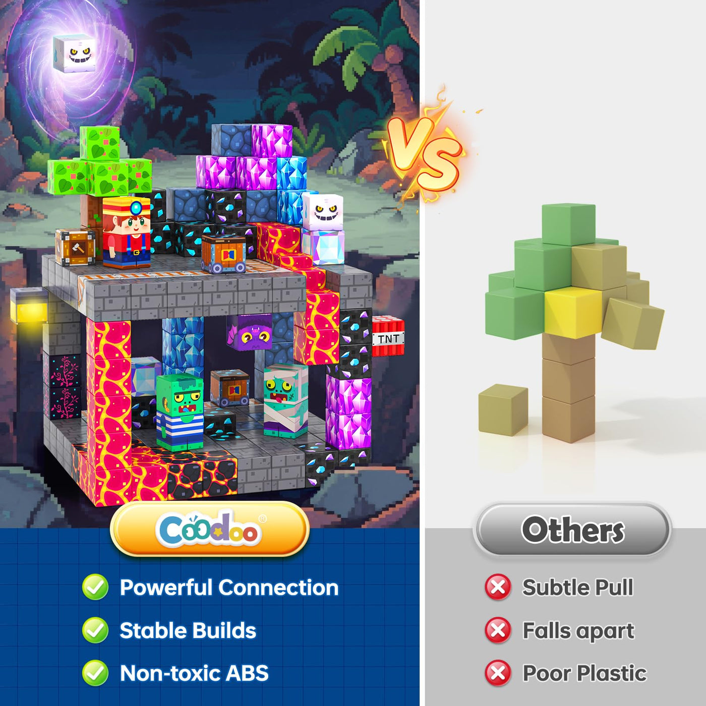 Coodoo Magnetische Bausteine - Baue Mine Magnet Welt für Kinder 4-8, Magnetische Fliesen Outdoor STEM Konstruktionsbausteine Sensorische Spielzeug für Jungen und Mädchen ab 3 Jahren Kinderspielzeug