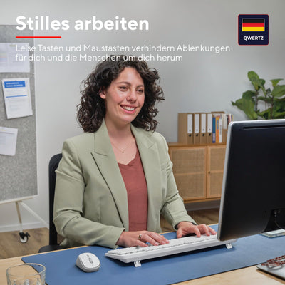 Trust ODY II Leise Tastatur Maus Set Kabellos Deutsches QWERTZ Layout, Flachen Tasten, Beidhändig Funkmaus 800-1600 DPI, Spritzwassergeschützt, EIN USB-Empfänger, für PC Computer Laptop Mac, Weiß