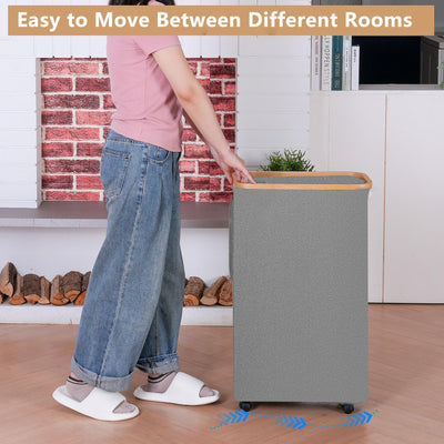 iEGrow Wäschekorb mit Rollen 75L, Wäschesammler Schmal mit Herausnehmbarer und Waschbarer Innentasche, Laundry Baskets Wäschekörbe mit Deckel für Kleidung, Spielzeug, Handtücher (Grau)