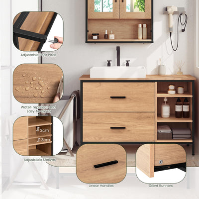 EUGAD Waschbeckenunterschrank, Badezimmerschrank mit 2 Schubladen 3 offenen Fächern, Unterschrank mit verstellbaren Ablagen, freistehender Waschtischunterschrank, 90x60x30 cm