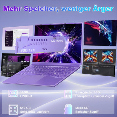 2025 Gaming Laptop 16 Zoll Win11 12+512GB SSD Unterstützung 2TB(HDD-2TB) 1920x1200 Notebook 4-Core Celeron N5095 (bis 2.9GHz) Laptop mit Nummerntastatur WiFi Mini HDMI Deutscher Tastaturschutz-Lila