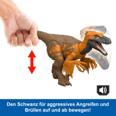 Mattel Jurassic World: Die Wiedergeburt Wild Roar Utahraptor Dinosaurierspielzeug mit steuerbarem Beiß-Angriff in mehrere Richtungen und Brüllgeräusch, beweglich, Spielmöglichkeiten, JGC80