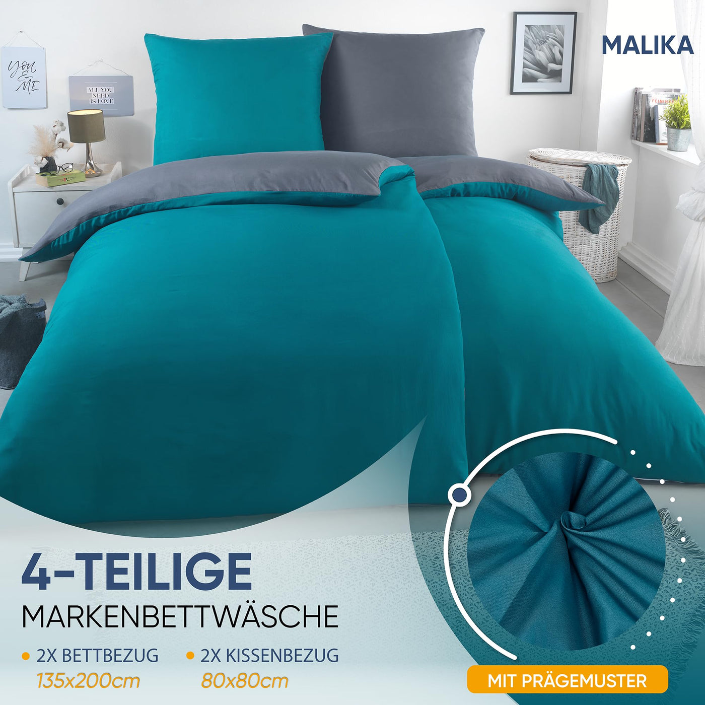 MALIKA® Bettwäsche 135x200 4 teilig | ÖkoTex Zertifiziert & für Allergiker geeignet |Bettwäsche Set mit je 2 Bettbezügen 135 x 200 & Kissenbezügen 80x80 | modern & hochwertig, Farbe:Petrol-GRAU