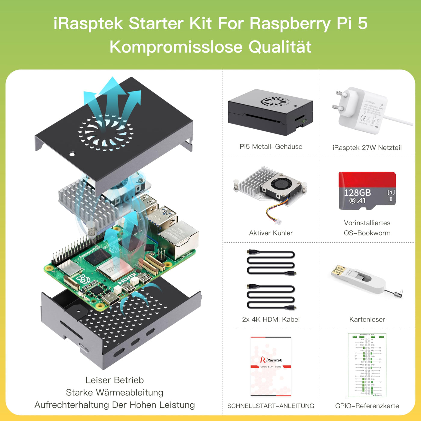 iRasptek Raspberry Pi 5 8GB Starter Kit - 128GB Edition von OS-Bookworm vorinstalliert (Aluminium Gehäuse)