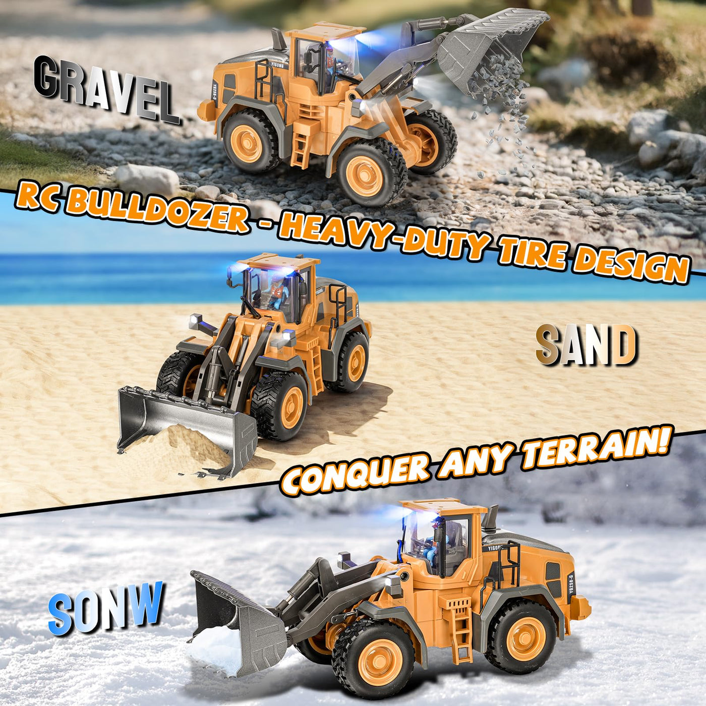 Ferngesteuerter Bagger Spielzeug Radlader Bulldozer mit Licht&Sound für Jungen 3-12 Jahre, 2,4GHz RC Bagger Bulldozer mit Metallschaufel, Baustellenfahrzeuge Kinder Geschenk für Geburtstag/Weihnachten