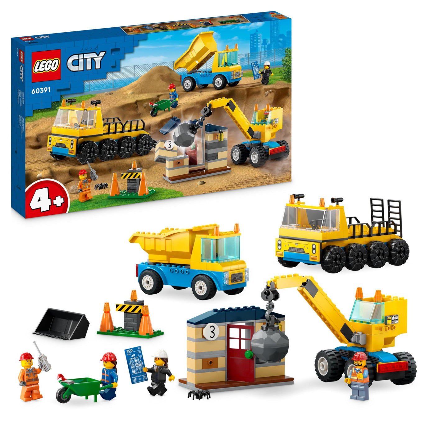 LEGO 60391 City Baufahrzeuge und Kran mit Abrissbirne, Spielzeug mit Bagger, Kipper und Transportfahrzeugen, Lernspielzeug für Kleinkinder ab 4 Jahren