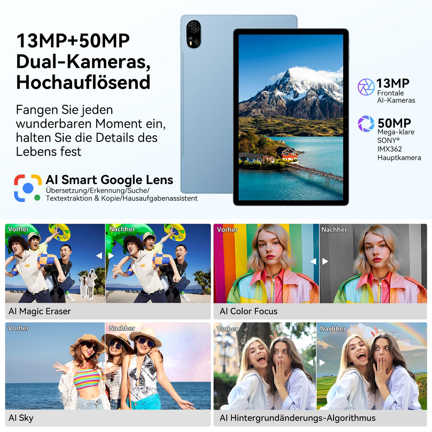 Blackview MEGA8 Android 16 Tablet 13 Zoll,36GB RAM+256GB ROM,90Hz 2K FHD Großes Display,4G LTE + 5G WiFi Gaming Tablet PC,Octa Core T620,50MP+13MP Dual AI Camera,11000mAh Akuu,Face ID